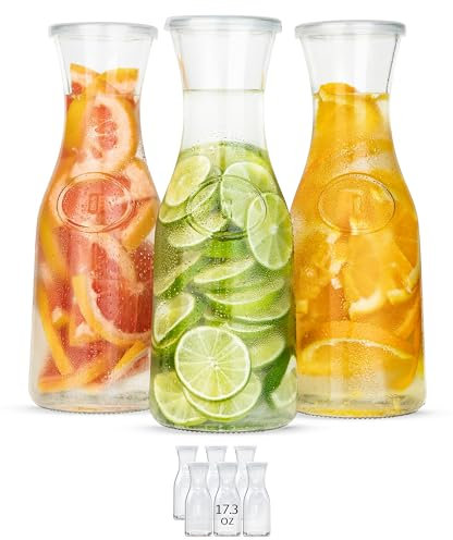 Glass Carafe Pitchers, by Kook, Large Carafe - set of 3, Beverage Dispensers, Clear Jugs For Mimosas, Water, Wine, Milk and Juice, with Plastic Lids, 50 oz Dishwasher Safe