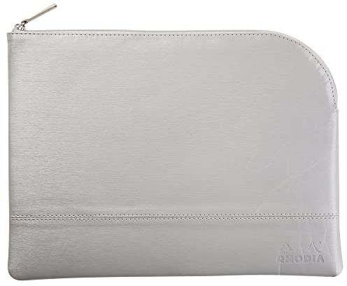 RHODIA 116721C - Leatherette Zippered Pouch - Silver - Size L (21 x 28 cm) - Genuine Stitching - Orange Fabric Interior - Storage for Documents, Small Supplies