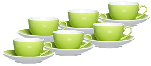 Ritzenhoff & Breker Doppio Kaffeetassen mit Untertassen, 6er Set, 200 ml, Grün, Porzellan, Buntes Mix-und-Match-Geschirr