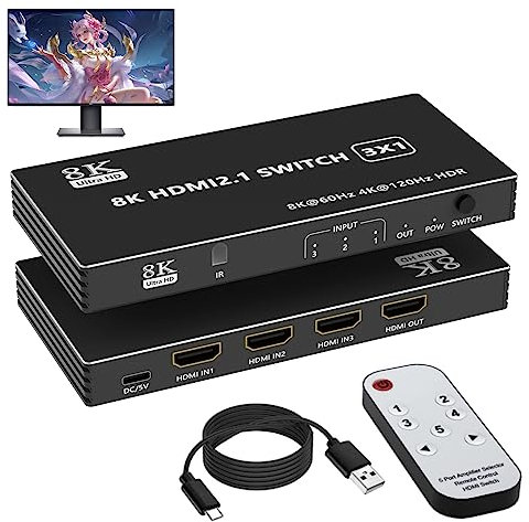 8K HDMI 2.1 Switch 4K 120Hz HDMI Splitter Umschalter 3 In 1 Out - 3 Port HDMI Switcher Schalter Auto HDMI Selector 8K mit IR Fernbedienung