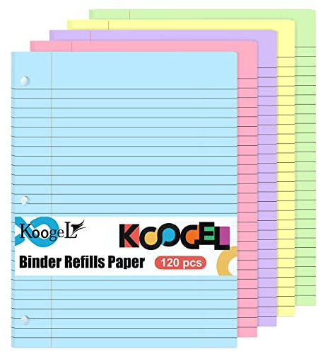 Koogel Lot de 120 feuilles de papier ligné à 3 trous pour classeur A4 A5, agenda, école, bureau, 5 couleurs