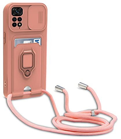 Dllatui Coque Compatible avec Xiaomi Redmi Note 11/Note 11S,Réglable Lanyard Case,avec Curseur de caméra Protection, avec Carte Fentes,Anneau Support,Silicone Collier Case (Pink)