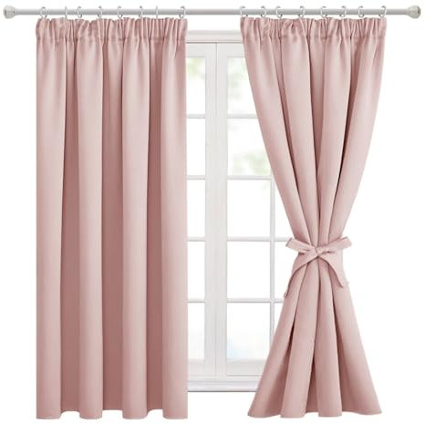Hiasan Pink Blackout Curtains - Pencil Pleat for Girls Bedroom & Living Room - Thermal - 46 x 54 Inch - 2 Panels with Tiebacks
