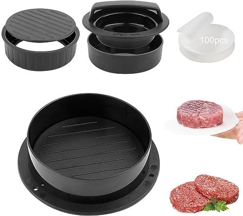 VFANDV Presse à Hamburger, 3 en 1 Presse à Hamburger Professionnel avec 100 Papiers Graissés Antiadhésifs ABS Poignée Kit de Moule à Hamburger pour Barbecue Délicieux Hamburgers Galettes