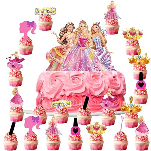 Barbi Tortendeko Geburtstag Mädchen, 21PCS Prinzessin Tortendeko Geburtstag Mädchen, Barbi Cupcake Topper, Prinzessin Torten Deko Mädchen, Prinzessin Muffins Deko, Barbi Geburtstags Deko für Mädchen