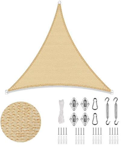 LOVE STORY Vela Ombreggiante 4x4x4m con Kit di Fissaggio Triangolare Sabbia Tenda da sole per esterno Ombreggiante Permeabile (HDPE) con Protezione 95% UV Per Esterno, Giardino, Terrazzo, Balcone