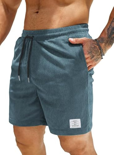 JMIERR Kurze Hosen Herren Corduroy Shorts Herren Sommer Elastische Taille mit Taschen Blaugrün M