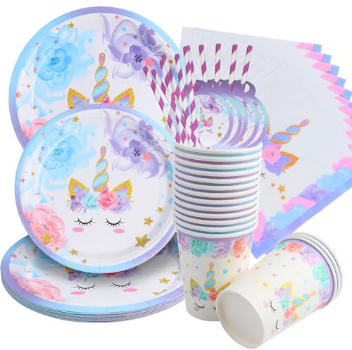 Huiyoulan 80 Piezas Vajilla para Fiesta de Unicornio, Decoraciones Cumpleaños Rosa Unicornio, Juego de Vajilla Fiesta Incluye Platos Taza Servilletas para Cumpleaños Baby Shower Fiesta-16 Invitados