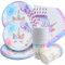 Huiyoulan 80 Pezzi Stoviglie Per festa Di Compleanno Unicorno, Piatti Unicorno Compleanno Bambina, Stoviglie Set Compleanno Unicorno, inclu Bicchieri di Carta Cannucce Tovaglioli(16 Ospiti)