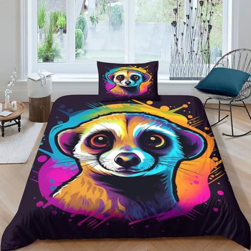 ITOMEN Erdmännchen 3D Print Betten Set Bettwäsche Set Microfaser Qualität Luxus Buntes Bettbezug Set Mit Kissenbezug Jungen Mädchen Kinder Mit Reißverschluss Und Kissenbezüge Single(135x200cm)