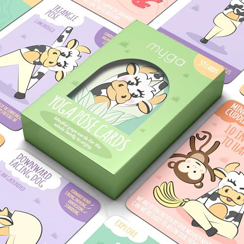 Myga Kinder Achtsamkeits-Yoga-Karten – 59 Yoga-Karten für Kinder und Familien mit Yoga-Posen, positiven Bestätigungen, Aktivitäten, Atemübungen und lustigen Fakten – Mehrfarbig
