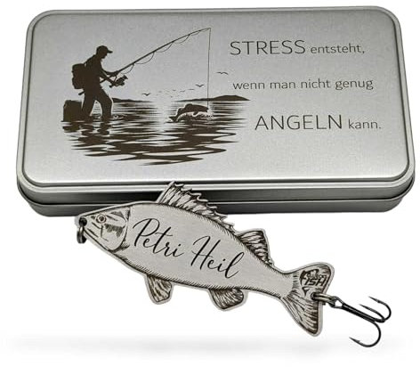 GluecksFish Anglergeschenk mit Gravur - Männer - Frauen - Angelköder - Angelhaken - Spinner - Glücksfisch (Stress entsteht)