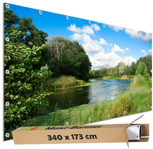 TRIOSK Große Motivplane Sichtschutz Zaunblende mit Motiv Flusslauf Ufer Wiese Wasser Motivbanner Garten Deko Plane Blickdicht für Zaun Terrasse Gartenzaun Zaunplane PVC 340x173 cm