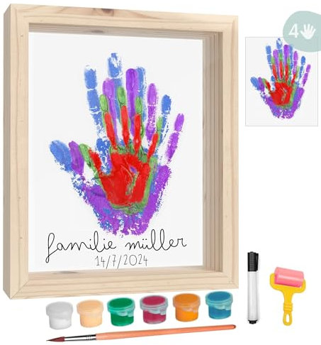 HuBorns - Cornice Impronta Mani e Piedi Neonati con Spazio per 4 Impronte, Kit Impronta Mani Famiglia per Dipingere Impronte, Set Impronte Mani e Piedi Neonato Ideale Regalo Neonato (Legna)