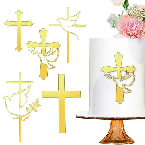 VZZNN 5 Stück Cake Topper Taufe Tortendeko Kreuz Cake Topper Gold Acryl Torte Deko Dekoration Set für Hochzeit Geburtstag Party Kommunion Taufe Deko