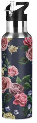 Bouteille d'eau avec paille anti-fuite - Motif roses violettes et roses - Bouteille isotherme pour filles et garçons - 600 ml