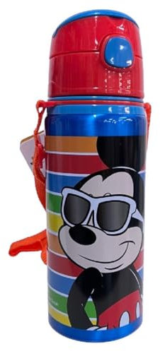 PELLECCHIA 1969 |Borraccia in alluminio con cannuccia da 600 ML | con cinghia per appenderla, apertura automatica con pulsante realizzata per (Mickey)