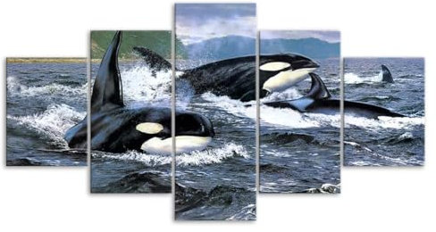MHTGD Moderne Bilder Wohnzimmer 5 Teiliger Orca Killerwal Ozean Malerei Poster Mit Rahmen Hd Für Heimdekoration Personalisierte Bilder Leinwandbilder Xxl