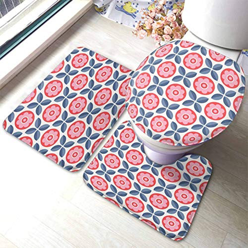 Set 3 Teilig Badvorleger Blumen Nahtloses Retro Muster Mit Roten Blumen Und Blättern Badgarnitur Badematten Dekorative Langlebige Konturmatte, Für Badewanne, Wohnzimmer