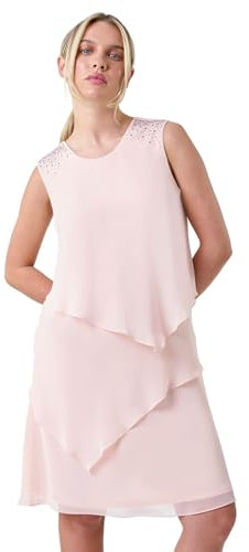 Roman Petite Embellished Tiered Shift Dress for Women UK - Ladies Autumn Everyday Winter Holiday Round Neckline Comfy Sleeveless Soft Knee Length Frock Night Out Gowns - Light Pink - Size 12