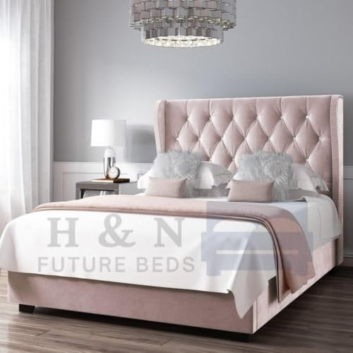 H&N FUTURE BEDS |Plush Velvet Bed Frame|54”Wingback Chesterfield Bed|Ottoman Gaslift Storages|Pocket Sprung Mattress Single,King (Pink Plush without mattress, 4FT Small Double without Gaslift)