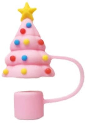 tkerinse 3D Christmas Straw Cover Cap for Cup, Pink Christmas Santa Straw Topper Silicone Straw Covers Dustproof Straw Tips Lids Cup Accessories for 10mm 0.4in Straws Tumbler (Pink Tree)