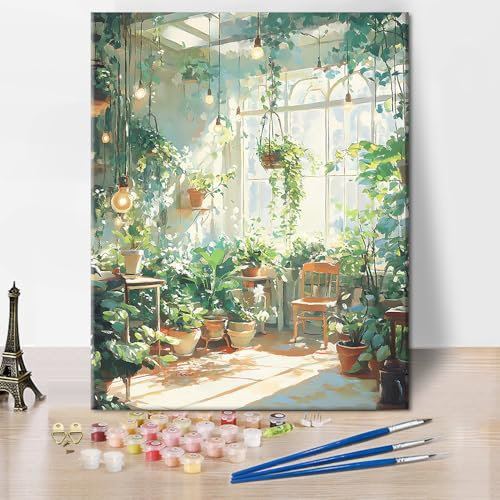 TISHIRON Kit de peinture par numéros pour adultes débutants plantes vertes, peinture par numéros avec pinceaux et lumière du soleil, peinture acrylique par numéros pour la maison 40 x 50 cm (sans