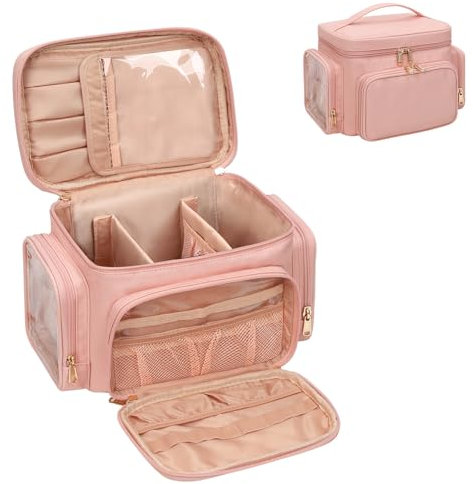 Large Makeup Bag, Portable Travel Make up Bag Organiser for Women Cosmetic Bags PU Leather Makeup Brushes Bag with Compartments, Pink