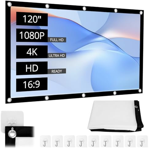 QWORK® Schermo per proiettore 120 pollici, 16:9 HD schermo proiettore pieghevole, 265 x 150 cm schermo per proiezione antirughe con accessori, per uso interno ed esterno
