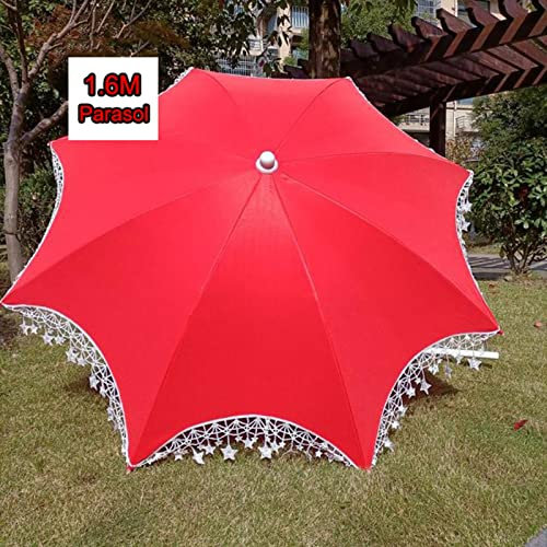 Petit parasol de jardin portable, 1,6 m, parasol rouge, hauteur réglable, sans base, étoiles à franges décoratives (facultatif) (taille : avec pompon)