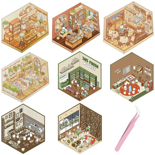 GAROMIA 3d House Sticker 8 Sets Scene Miniatur Haus Sticker Cartoon Aufkleber kinder Hausbau Room für Erwachsene und Kinder