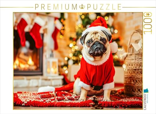 CALVENDO Puzzle Mops als Weihnachtsmann | 1000 Teile Lege-Größe 64 x 48 cm Foto-Puzzle für glückliche Stunden
