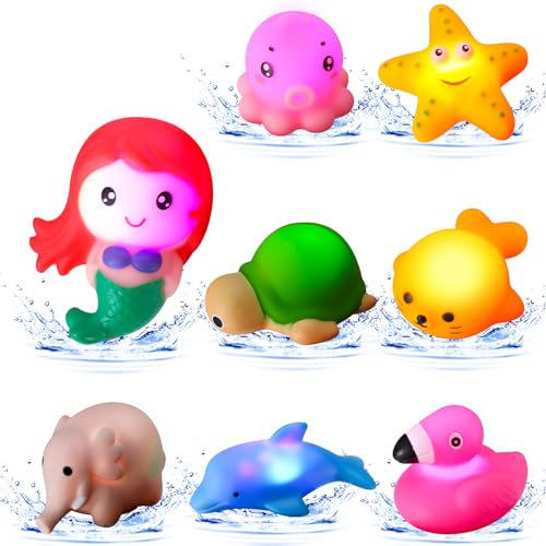 taonganui Badespielzeug Leuchtend, 8 Stück Schwimmenden Gummi LED Tier Badewannenspielzeug Ohne Loch Sensorik Spielzeug Geschenke für Kinder Junge Mädchen Geburtstag Bad Schwimmbad