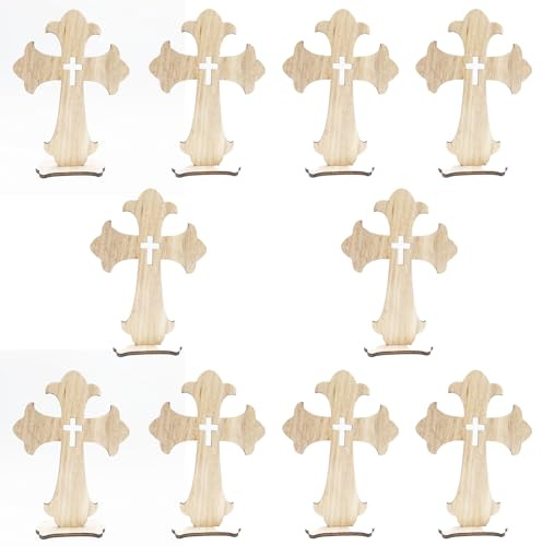 Floatdream 10 Stücke Holz Stehendes Kreuz, Holz Kreuz mit Basis, Wohnkultur Holzkreuz, Verwendung als Tischdekoration, Raumdekoration, Ostergeschenk （Holzfarbe）