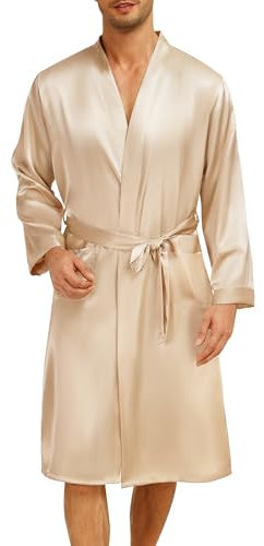 Lovasy Mens Silk Dressing Gown Summer Satin Robe for men Lightweight Kimono Dressing Gown Long Sleeve Bathrobe with Belt and Pockets Night Robes for Wedding Party,Champagne,S