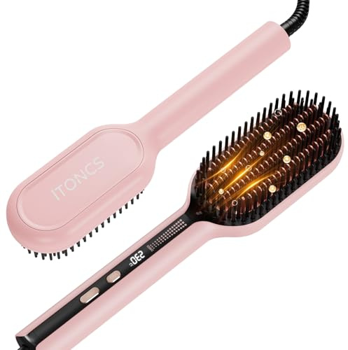 iToncs Glättbürste, 3 in 1 Ionen Haarglätterbürste, Anti-Verbrühungs & Speicherfunktion Glätteisen, Haarglättungsbürste, 5 Wärmestufen, Gleichmäßige Hitze, LCD-Display, 120°C-230°C, Dual-Voltage, Rosa