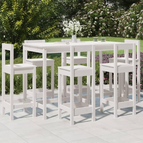 Qnhdfrt Gartenbar Set aus Massivholz Kiefer Weiß 7 teilig mit 6 Barhockern und Tisch 110 cm Höhe für Terrasse Balkon Garten