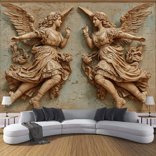 Fototapete 3D Effekt 3D Relief Engel Dekoration Wandbild, Luxus Palast Engel Vlies Tapete 250×175cm(W×H) Wandtapeten,220g/m2 Fototapete Moderne XL Panorama Wanddeko Braun