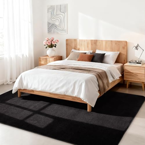 Wohnzimmerteppich, Kurzflor Teppiche Wohnzimmer Deko Flauschiger Weich Waschbarer & Anti-Rutsch Modern Einfarbiges Teppich für Schlafzimmer, Kinderzimmer, Bettvorleger Matte, 200x280cm, Schwarz