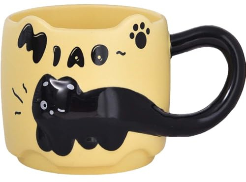 ZONSUSE Schwarze Katzen Tasse, Süße Kätzchen Becher, 3D Katzes Kaffeetasse, Lustiger Tierbecher für Kaffee Tee Milch, Geschenk für Katzenliebhaber, Frauen, Freunde 380ml (Katze-Gelbe)