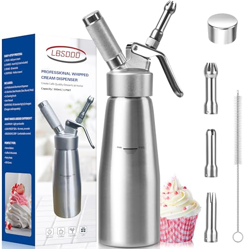 lbsddd Professional Aluminum Whipped Cream Dispenser, 500ml/1 Pint Leak-Proof Whip Cream Dispenser with 3 Nozzles & Brush, Create Perfect Desserts & Coffee Toppings, N₂O Chargers (Not Included)