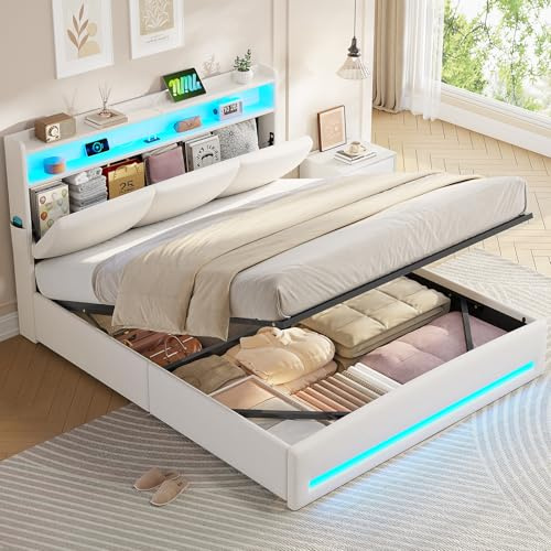 AOGLLATI Lit Coffre 140×200 avec LED et Ports USB,Tête de Lit capitonné avec Étagères Ouvertes et Rangement Caché, lit 2 Personnes avec Hydraulique, Sommier à Lattes, Lin Gris Beige(sans Matelas)