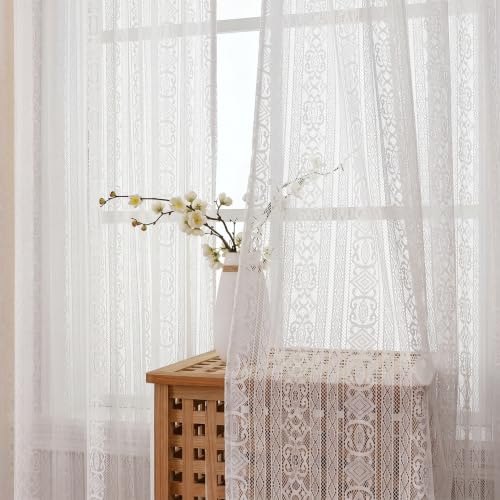 Gazal Vole Weiße Boho Häkelgardinen 2er Set, H 200 x B 140 cm, lichtdurchlässige Spitzengardinen mit Stangentasche, Makramee Vorhänge für Wohnzimmer Schlafzimmer und Balkontür
