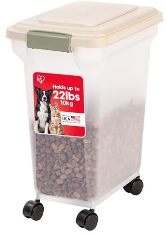 IRIS USA 22 Lbs / 28 Qt WeatherPro Airtight Pet Food Storage Container with Attachable Casters, For Dog Cat Bird and Other Pet Food Storage Bin, Keep Pests Out, Translucent Body, Almond/Clear