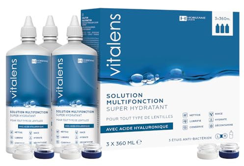 VITALENS - Multifunction Solution for All Types of Contact Lenses - 6 in 1: Decontaminates, Cleans, Rinses, Deproteinizes, Lubricates, Preserves, Moisturizes - Hyaluronic Acid - 3x360ml