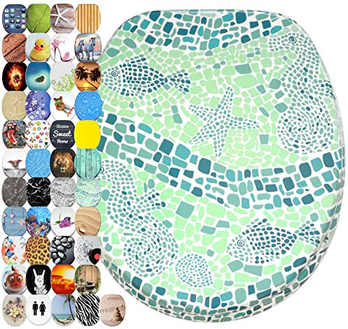 Sanilo Abattant WC frein de chute, Grande sélection de lunettes de toilette avec abaissement automatique, Fixation facile (Mosaïque Mondiale Vert)