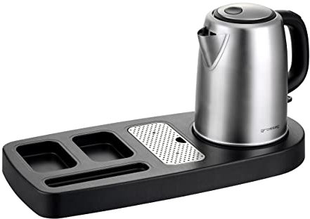 grossag Welcome Tray WTW 100, schwarzes, hochwertiges ABS-Material im Holz-Look, entnehmbares Abtropfgitter aus Edelstahl, Ideal als Servier- oder Willkommenstablett für Gastronomie und Hotels