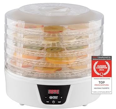 TZS First Austria Dörrautomat | Dörrgerät für Obst, Kräuter, Pilze & Fleisch | digital mit Timer & Temperaturregler 35-70°C | 5 Etagen, Einlageböden BPA frei, Dörrapparat mit Zeitschaltuhr
