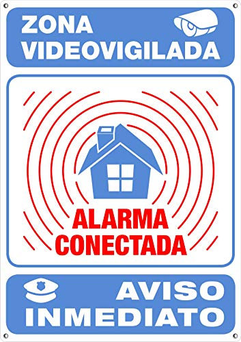 Cartel METÁLICO Alarma Conectada Interior/exterior y Ultra-resistente | Disuasorio ante robos | Placa Aviso a policía, 30x21 cm Cartel Videovigilancia Homologado | Zona Videovigilada