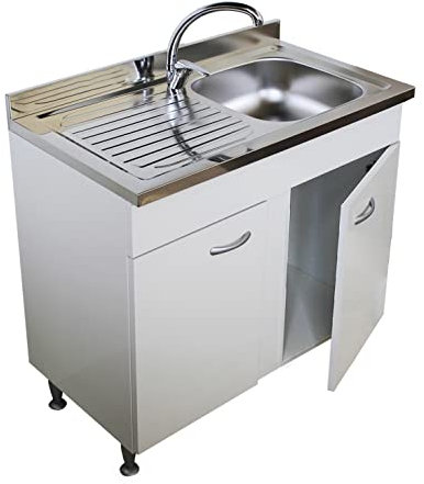 Arredobagnoecucine Weißer Unterschrank, 2 Türen, komplett mit Spüle aus Edelstahl, 80 cm, Badewanne rechts